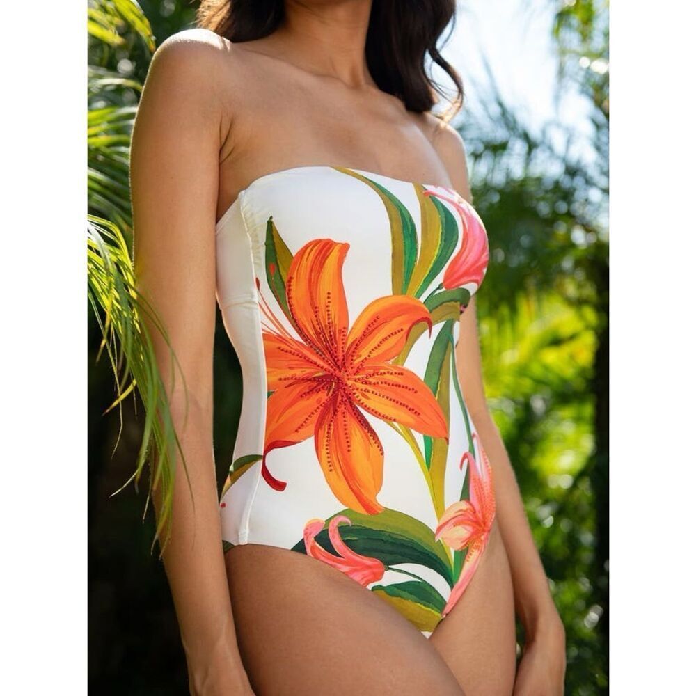 La Blanca Jungle Blossoms Beaded One-Piece Swimsuit Floral Design size 10